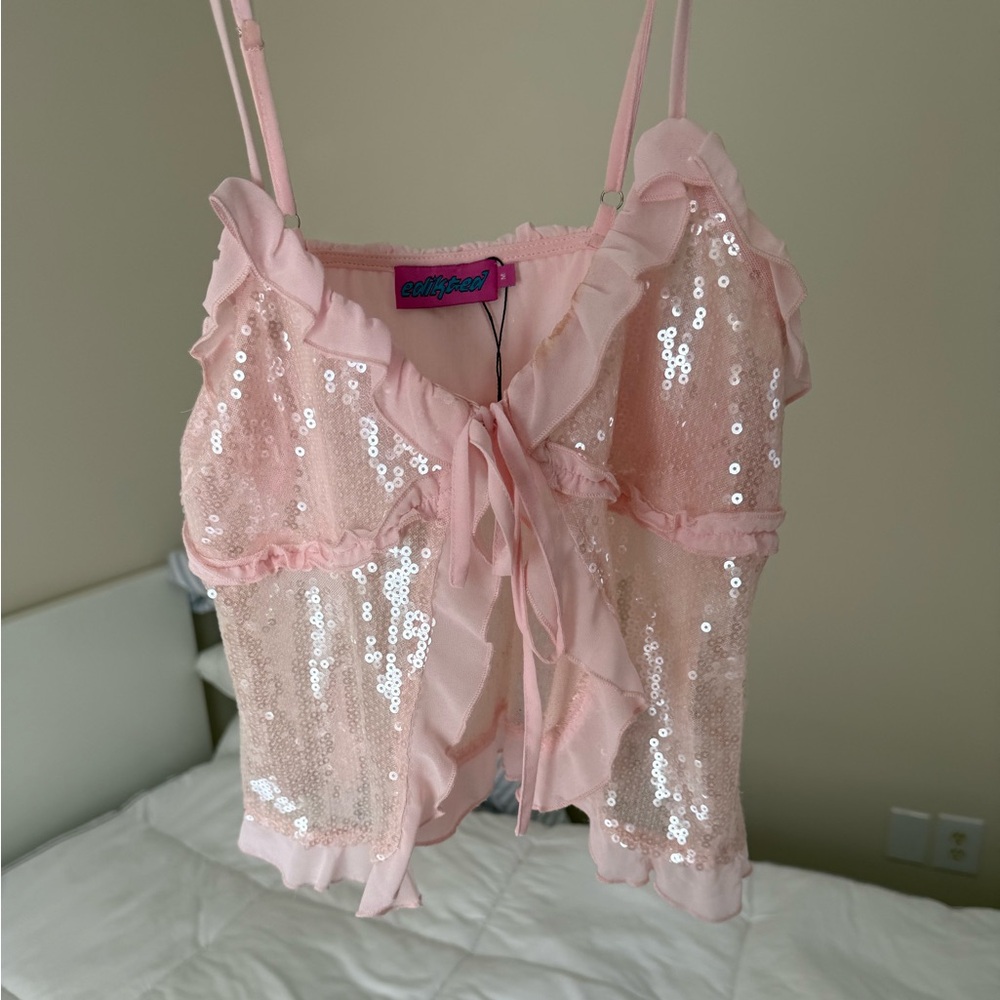 Edikted Sequin Ruffle Split Front Top